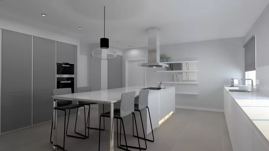 Cocina Santos Plataforma E en Blanco Innsbruck y Gris Visón Seda con isla central