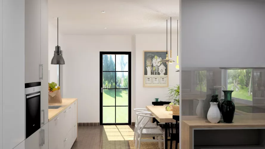 Aravaca | Cocina Santos | Modelo Seda Laminado Gris Arena | Encimera Haya Natural