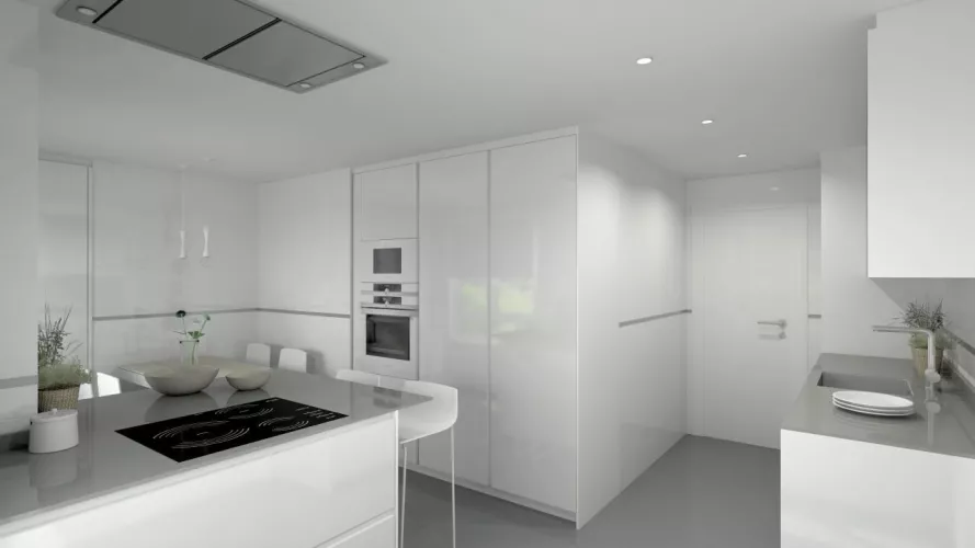 Cocina Santos Aravaca | Modelo Line E13 Estratificado Brillo Blanco Ártico | Encimera Silestone Cemento SPA