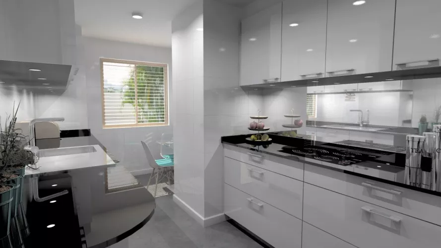 Aravaca | Cocina Santos | Modelo Plano Laminado Blanco Brillo | Encimera Granito Sahara Nights