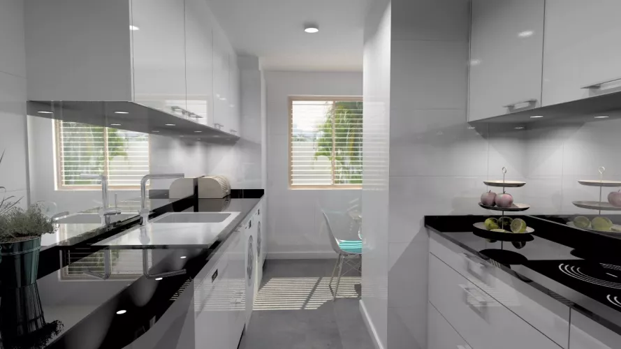 Aravaca | Cocina Santos | Modelo Plano Laminado Blanco Brillo | Encimera Granito Negro