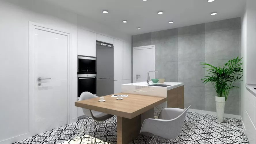 Aravaca | Cocina Santos | Modelo Line Estratificado Blanco y Roble | Encimera Silestone Blanco