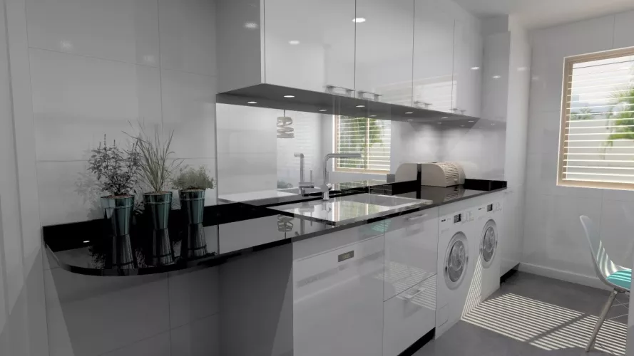 Aravaca | Cocina Santos | Modelo Plano Laminado Blanco Brillo | Encimera Granito Negro