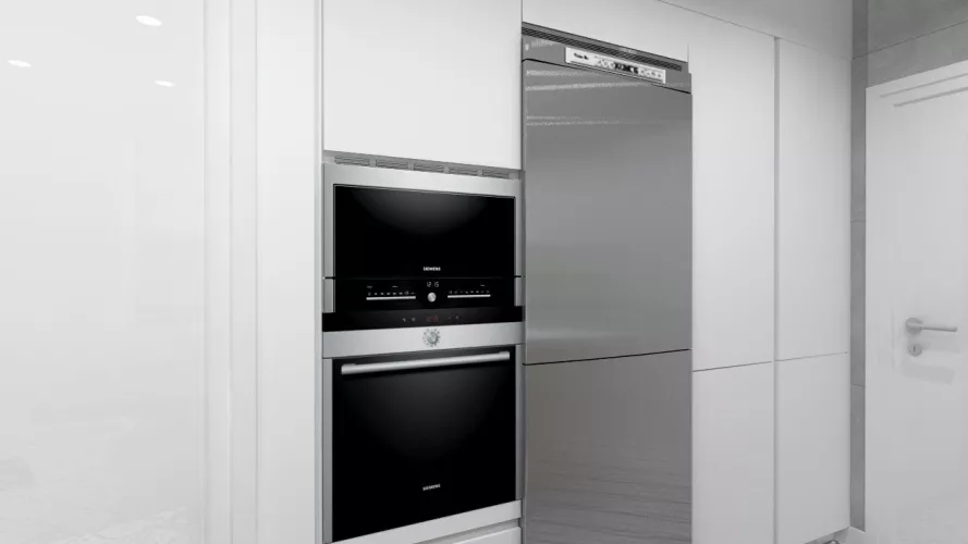 Aravaca | Cocina Santos | Modelo Line Estratificado Blanco y Roble | Encimera Silestone Blanco