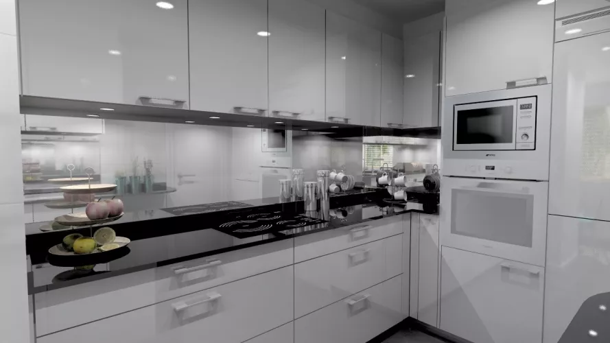 Aravaca | Cocina Santos | Modelo Plano Laminado Blanco Brillo | Encimera Granito Sahara Nights