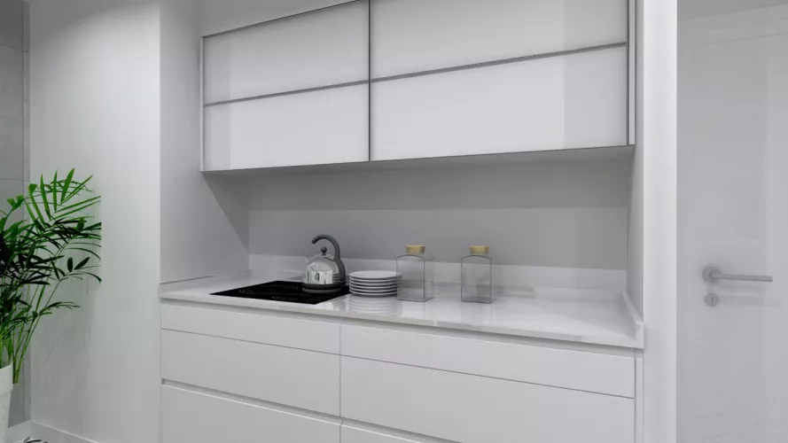 Aravaca | Cocina Santos | Modelo Line Estratificado Blanco y Roble | Encimera Silestone Blanco