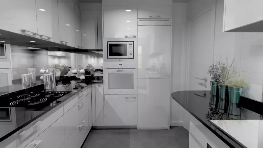 Aravaca | Cocina Santos | Modelo Plano Laminado Blanco Brillo | Encimera Granito Negro