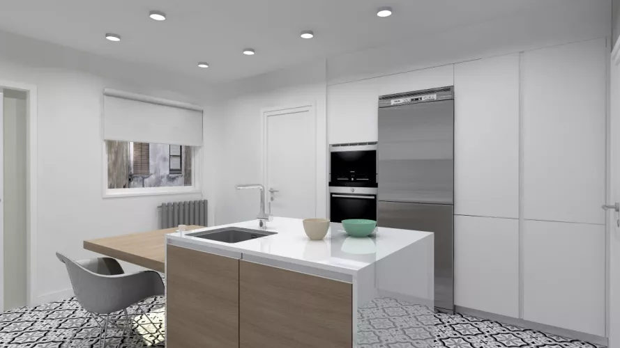 Aravaca | Cocina Santos | Modelo Line Estratificado Blanco y Roble | Encimera Silestone Blanco