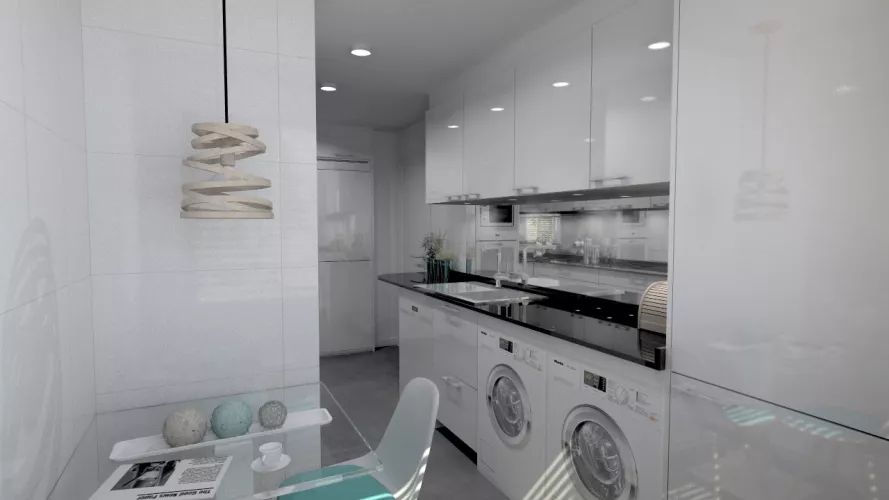 Aravaca | Cocina Santos | Modelo Plano Laminado Blanco Brillo | Encimera Granito Sahara Nights