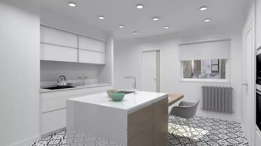 Aravaca | Cocina Santos | Modelo Line Estratificado Blanco y Roble | Encimera Silestone Blanco