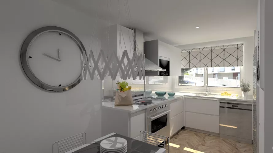 Aravaca | Cocina Santos | Modelo Line Laminado Seda Blanco | Encimera Compac Blanco