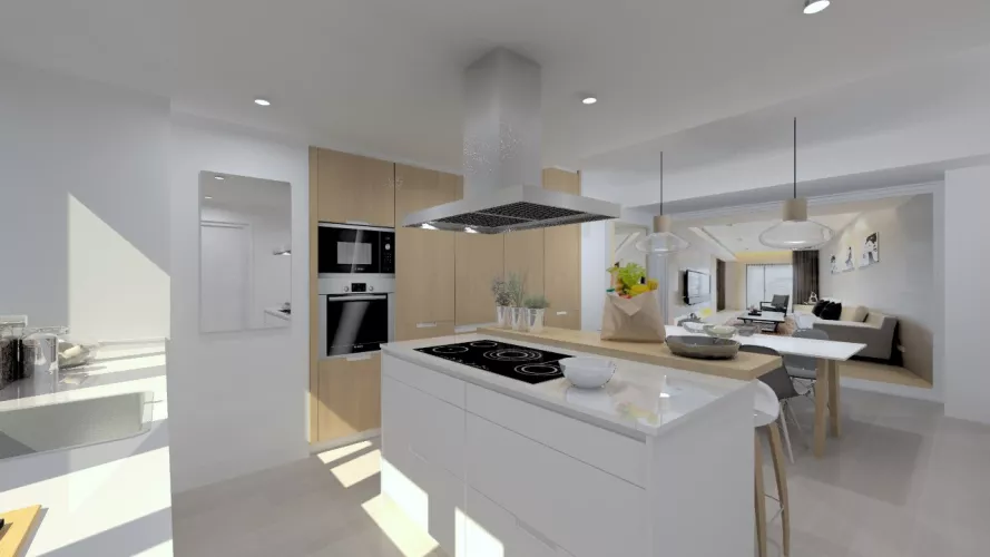 Aravaca | Cocina Santos | Modelo Minos Estratificado Olmo Claro y Blanco | Encimera Compac Blanco 