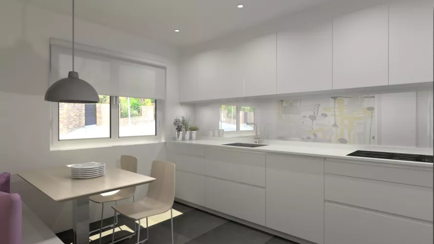 Aravaca | Cocina Santos | Modelo Line Estratificado Blanco | Encimera Compac Luna 