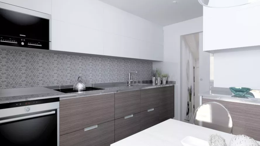 Aravaca | Cocina Santos | Modelo Line Roble Grisaceo y Blanco | Encimera Silestone Kensho