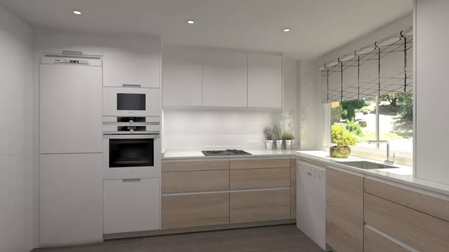 Aravaca | Cocina Santos | Modelo Line Estratificado Roble y Blanco | Encimera Compac Luna