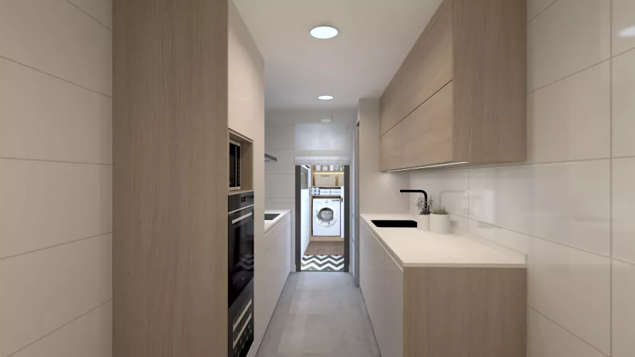 Cocina lineal abierta, pensada para aprovechar la luz y el espacio