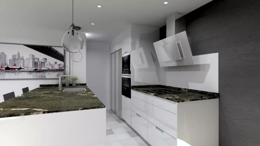 Aravaca | Cocina Santos | Modelo Minos Line Laminado Blanco Brillo | Encimera Granito Titanium