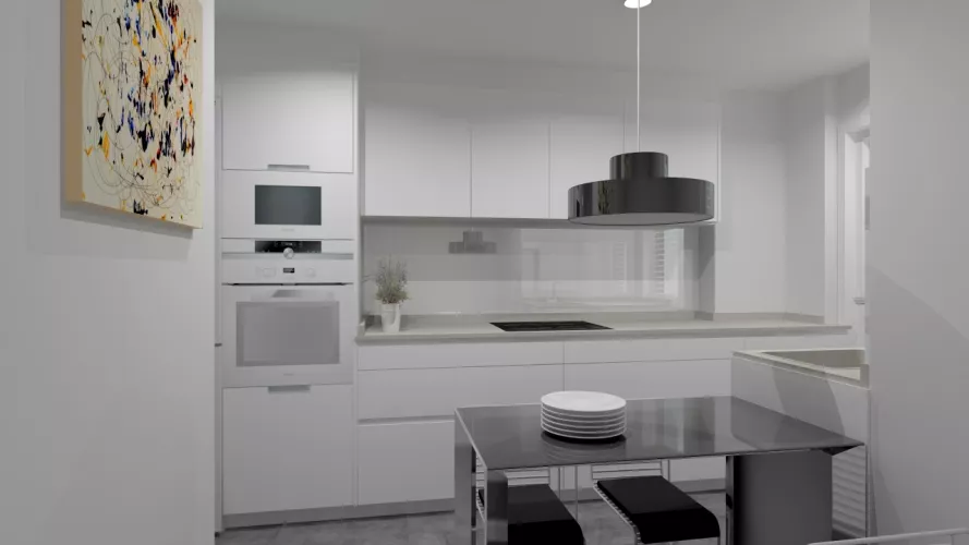 Aravaca | Cocina Santos | Modelo Line Estratificado Blanco Seff | Encimera Techlam Hydra Plomo