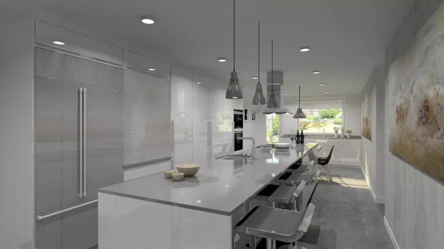 Aravaca | Cocina Santos | Modelo Line Lamanado Blanco Polar Brillo | Encimera Silestone Grey Amazon