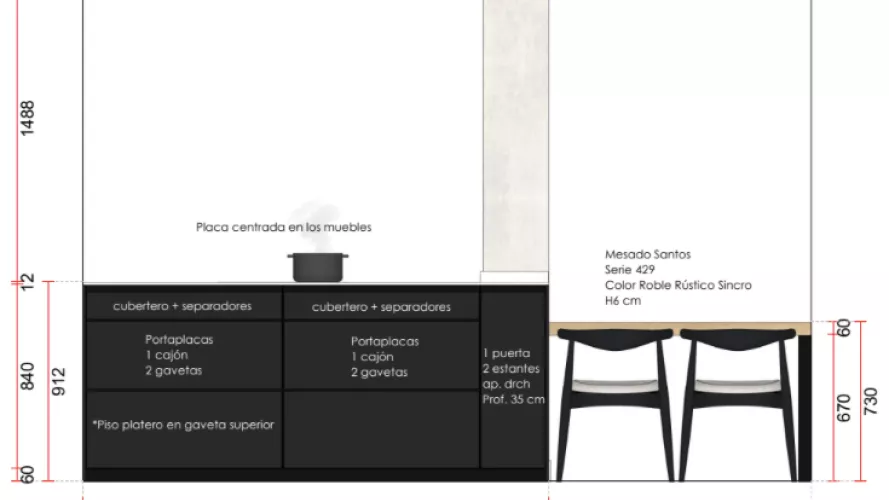 Plano Cocina Santos negra con isla abierta al salón
