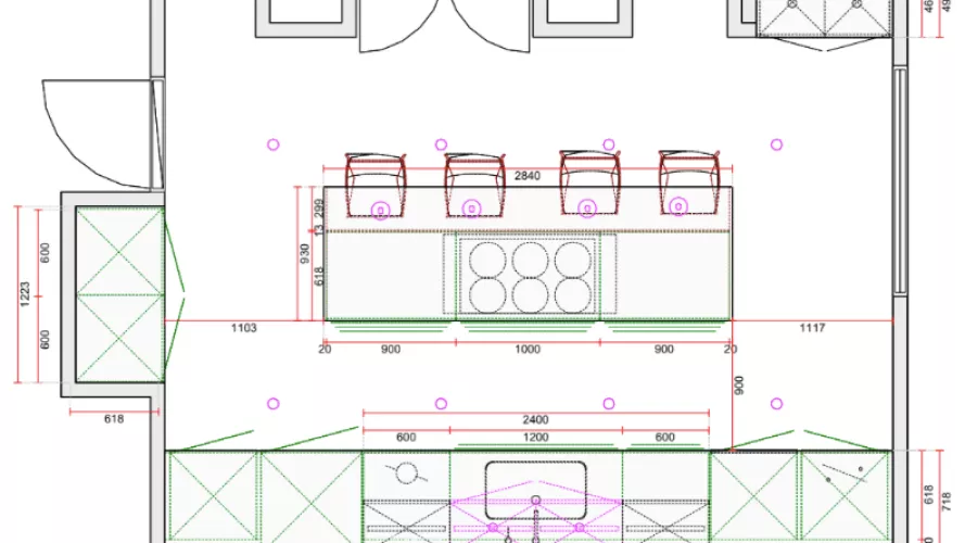 Plano Cocina Santos negra con isla