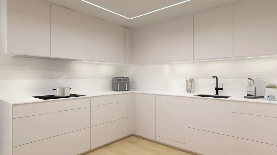 Una cocina contemporánea de líneas puras y atmósfera serena