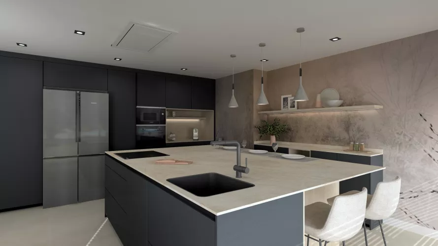 Cocina contemporánea con isla central y acabados oscuros