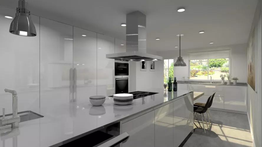 Aravaca | Cocina Santos | Modelo Line Lamanado Blanco Polar Brillo | Encimera Silestone Grey Amazon