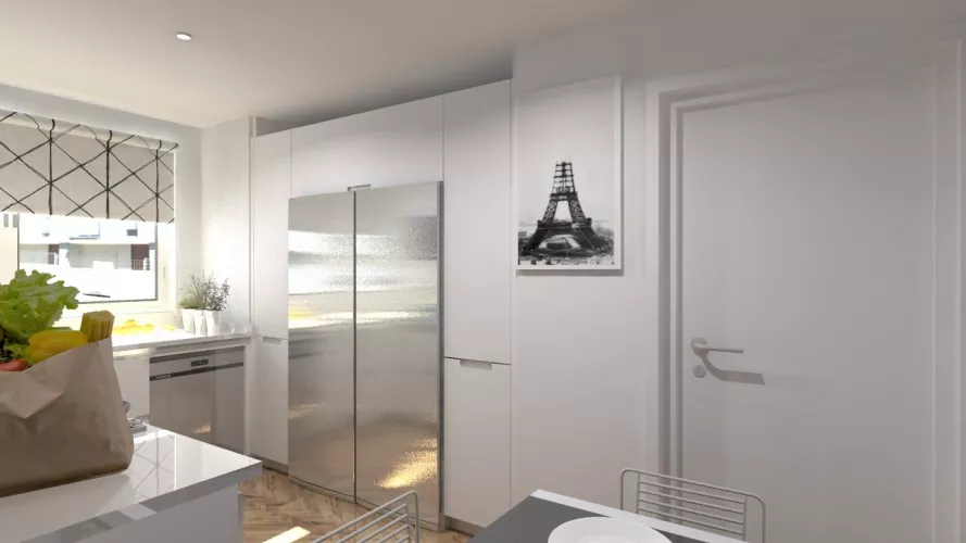 Aravaca | Cocina Santos | Modelo Line Laminado Seda Blanco | Encimera Compac Blanco