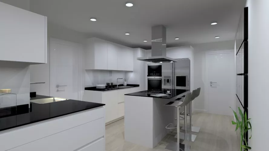 Cocina Santos | Modelo Line Laminado Seda Blanco | Encimera Granito Negro