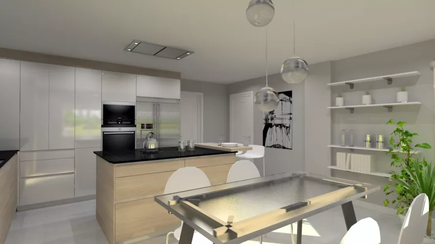 Cocina Santos | Modelo Line E13 Estratificado Brillo Laminado | Puertas Blanco Nata Brillo y Olmo Claro Horizontal para Muebles Bajos | Encimera Granito Sahara Night