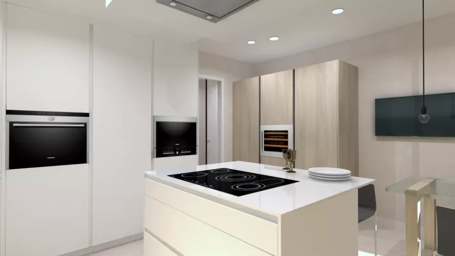 Cocina Santos | Modelo Line E 13 Estratificado y Laminado Blanco Innsbruck Olmo Claro y Gris | Encimera Neolith Color Artci White