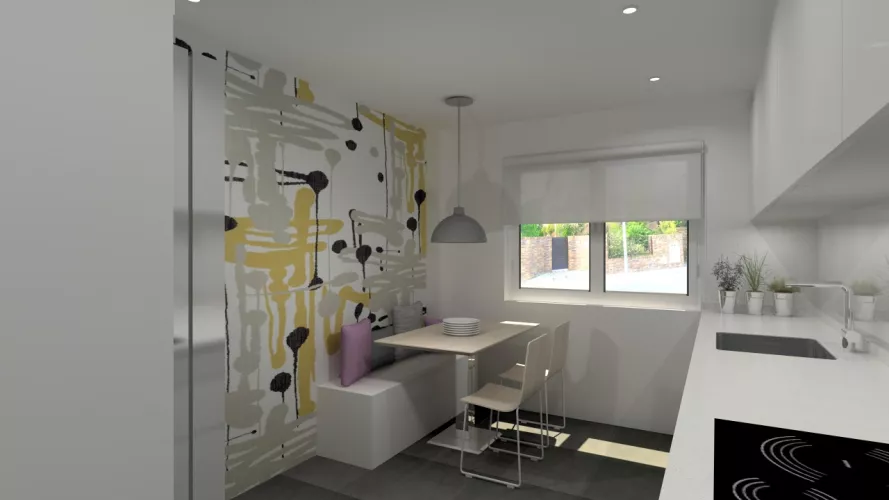 Aravaca | Cocina Santos | Modelo Line Estratificado Blanco | Encimera Compac Luna 