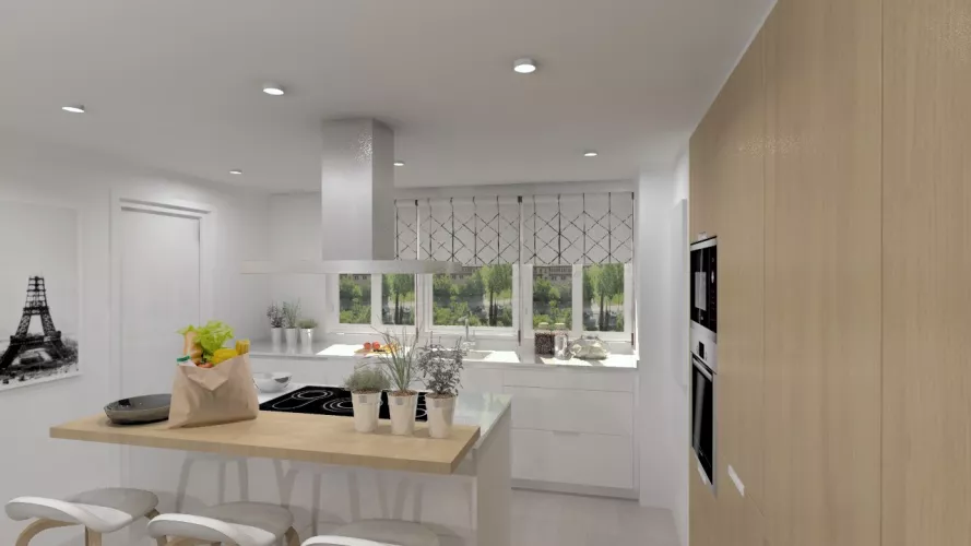 Aravaca | Cocina Santos | Modelo Minos Estratificado Olmo Claro y Blanco | Encimera Compac Blanco 