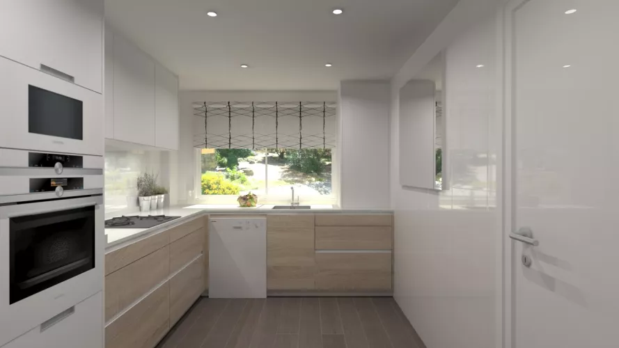 Aravaca | Cocina Santos | Modelo Line Estratificado Roble y Blanco | Encimera Compac Luna