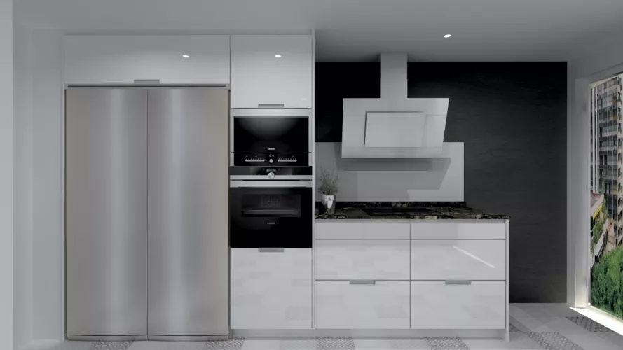Aravaca | Cocina Santos | Modelo Minos Line Laminado Blanco Brillo | Encimera Granito Titanium