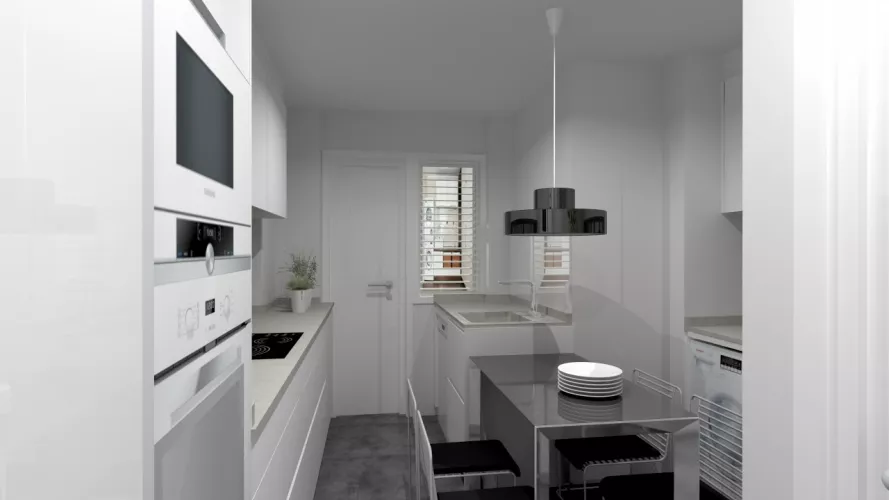 Aravaca | Cocina Santos | Modelo Line Estratificado Blanco Seff | Encimera Techlam Hydra Plomo