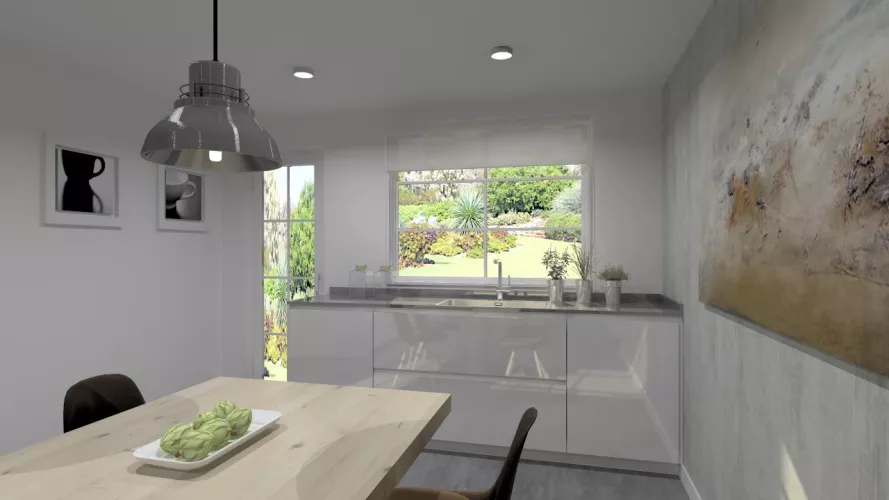 Aravaca | Cocina Santos | Modelo Line Lamanado Blanco Polar Brillo | Encimera Silestone Grey Amazon