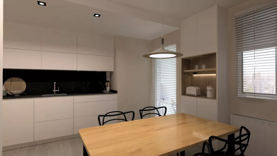 Cocina moderna con tonos suaves y madera natural: calidez y funcionalidad en equilibrio