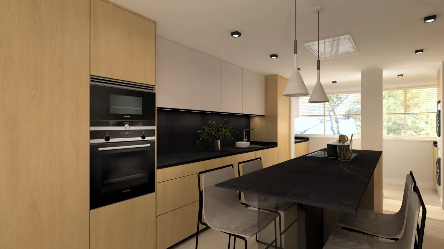 Cocina de líneas puras con isla central y acabados en madera