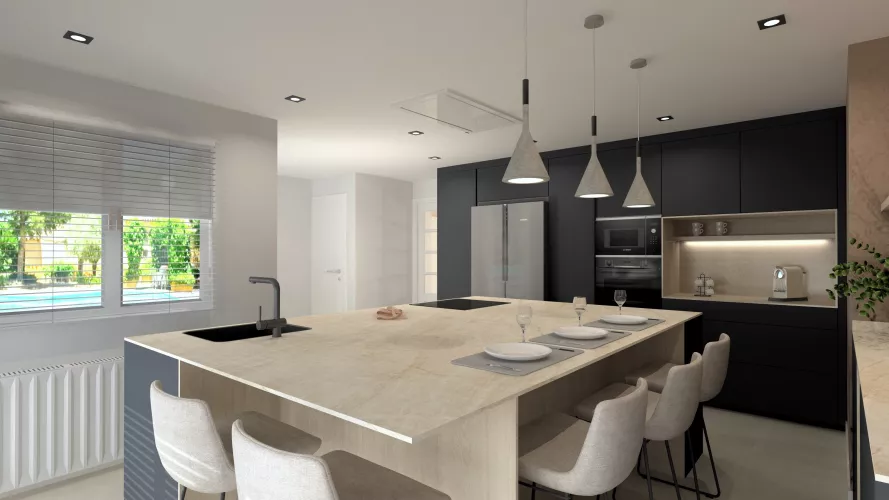 Cocina contemporánea con isla central y acabados oscuros