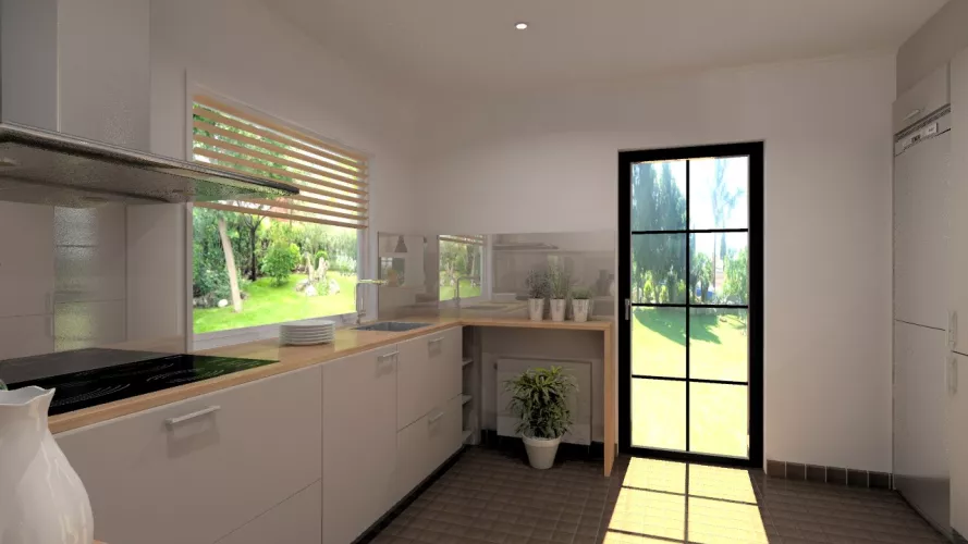 Aravaca | Cocina Santos | Modelo Seda Laminado Gris Arena | Encimera Haya Natural