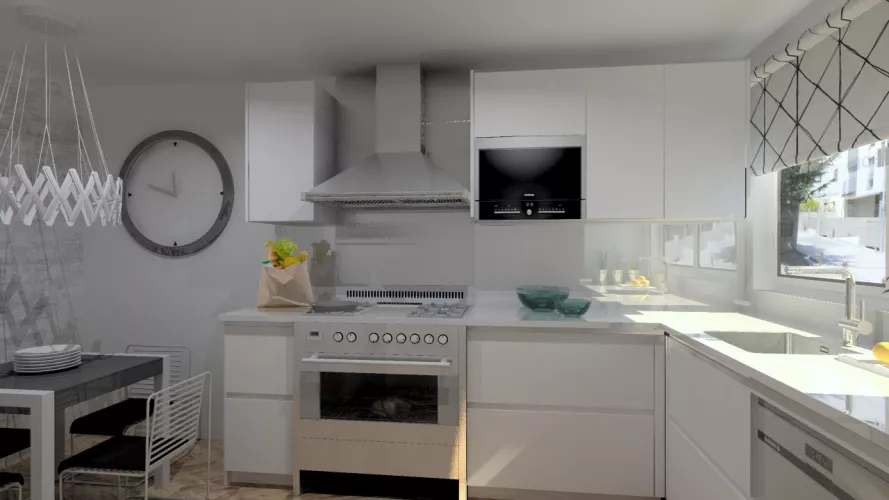Aravaca | Cocina Santos | Modelo Line Laminado Seda Blanco | Encimera Compac Blanco