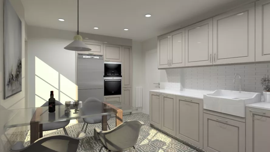 Cocina Santos | Modelo Época Material Lacado Color Gris Arena y Gris C | Encimera Silestone Blanco Zeus