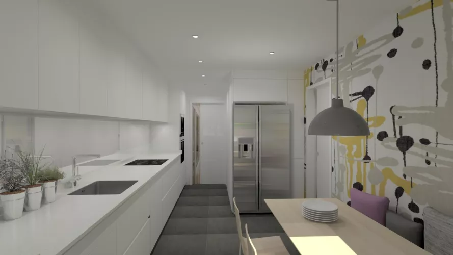 Aravaca | Cocina Santos | Modelo Line Estratificado Blanco | Encimera Compac Luna 