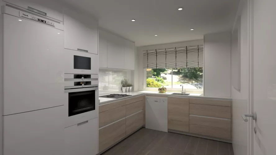 Aravaca | Cocina Santos | Modelo Line Estratificado Roble y Blanco | Encimera Compac Luna