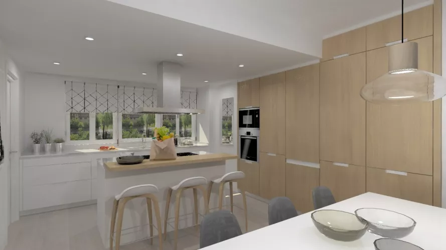 Aravaca | Cocina Santos | Modelo Minos Estratificado Olmo Claro y Blanco | Encimera Compac Blanco 