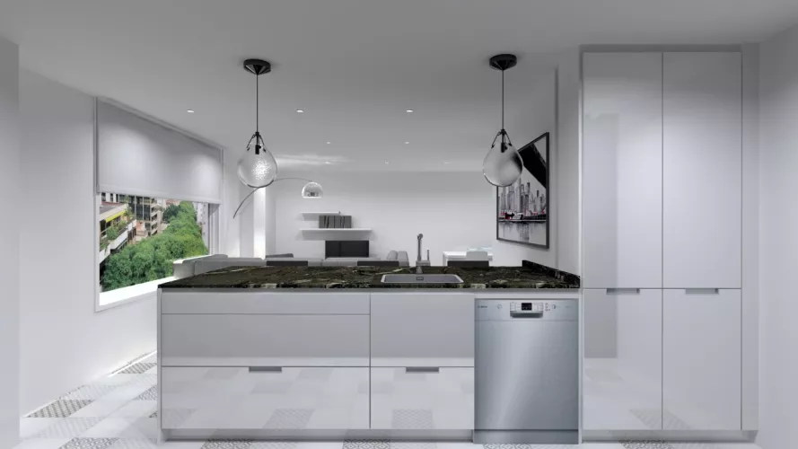 Aravaca | Cocina Santos | Modelo Minos Line Laminado Blanco Brillo | Encimera Granito Titanium