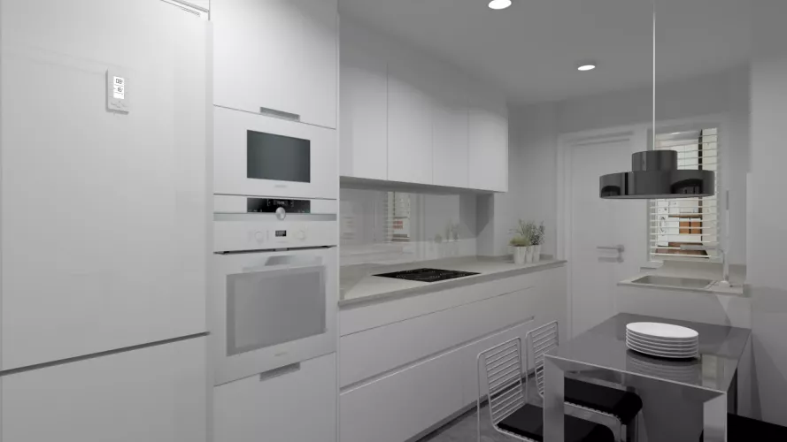 Aravaca | Cocina Santos | Modelo Line Estratificado Blanco Seff | Encimera Techlam Hydra Plomo