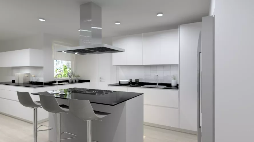 Cocina Santos | Modelo Line Laminado Seda Blanco | Encimera Granito Negro